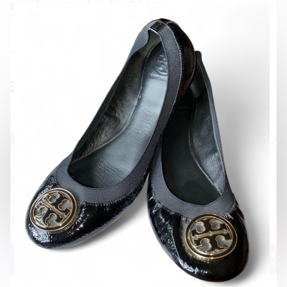 Tory Burch CAROLINE Black Patent Leather Ballet Flats w/Gold Logo | 11.5 US